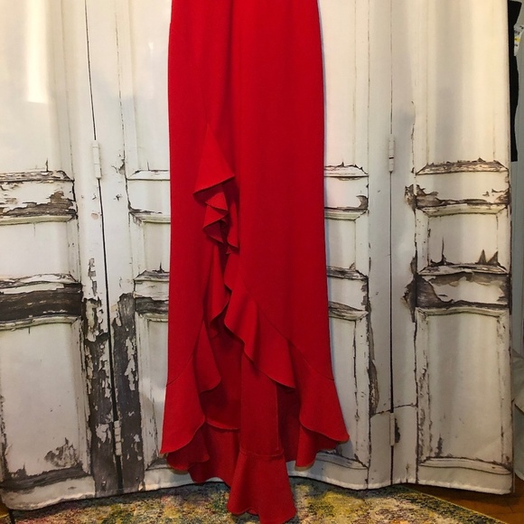 Betsy & Adam V-Neck Cascade High-Low Red Gown - NWOT! - Picture 3 of 14